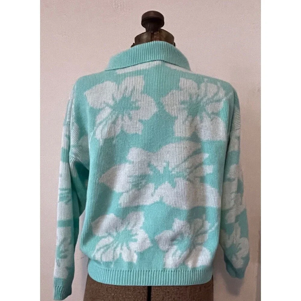 Vintage 90s Kate Collins Aqua Floral Pullover Sweater Tropical Pastel Sz Med
